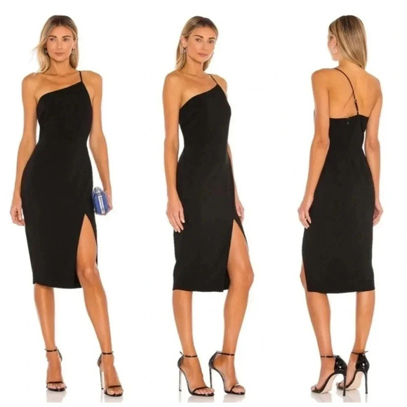 Lovers + Friends Lazo one shoulder strap black midi dress